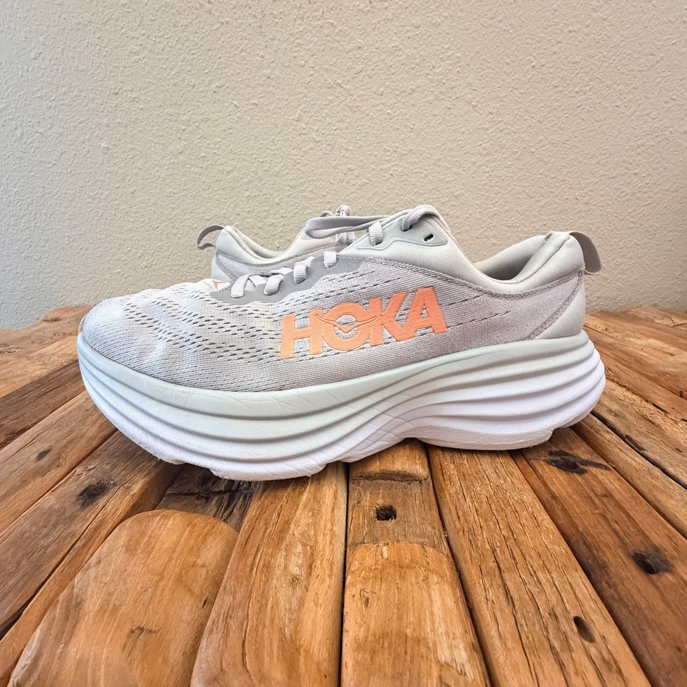 Hoka One One Women's Light Gray Sneakers with Peach HOKA Logo